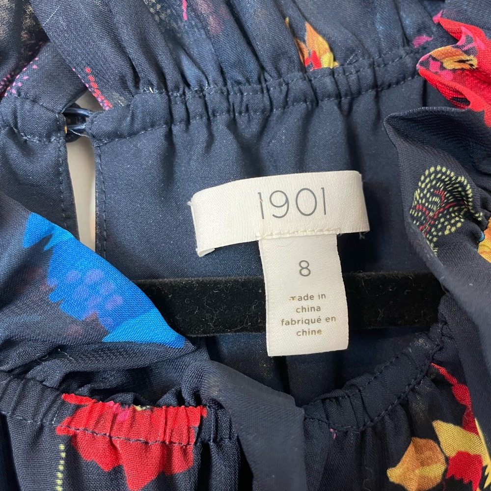 1901 Navy Floral Midi Dress Size 8 Medium Fun Spring Print Smocked Waist Ruffles - Picture 4 of 10